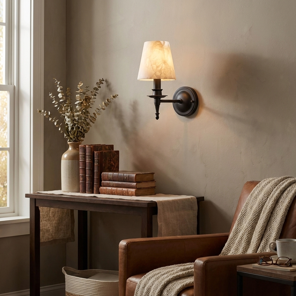 This matte black Clérachic wall sconce lights a greige wall beside a leather armchair and a wooden console table.
