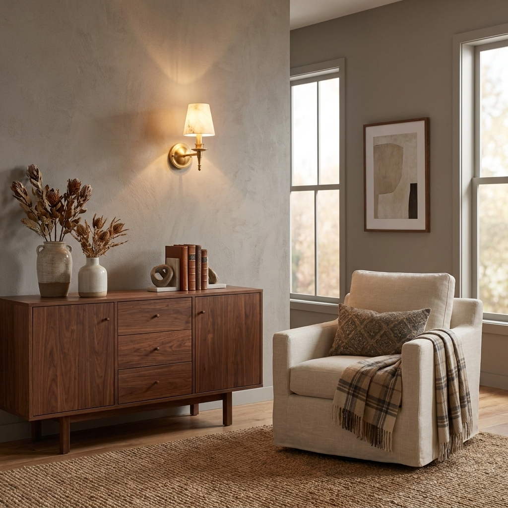 This brushed brass Clérachic wall sconce glows above a walnut sideboard beside a cream armchair with a plaid throw.