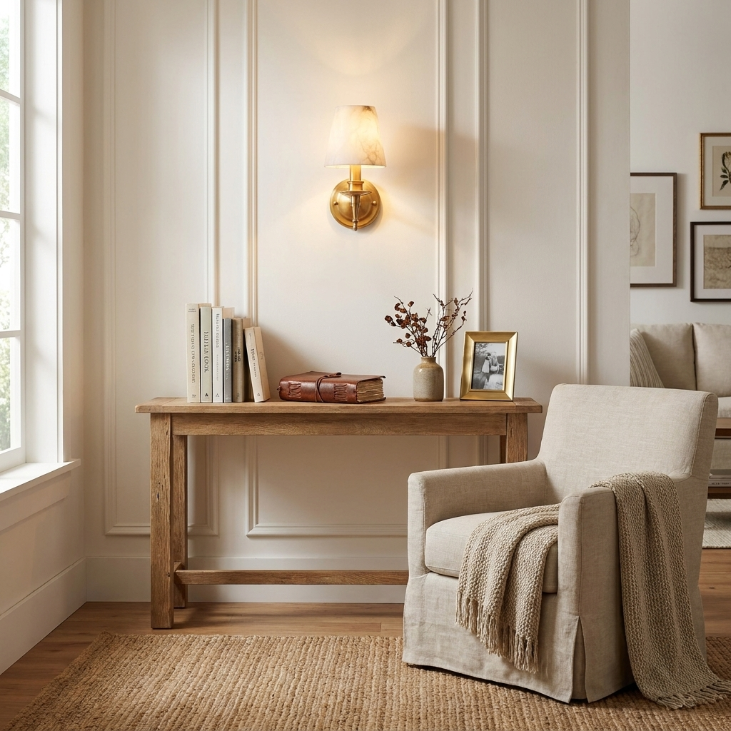 On a white panelled wall, this brushed brass Clérachic wall sconce glows above a console dressed with books and a vase.