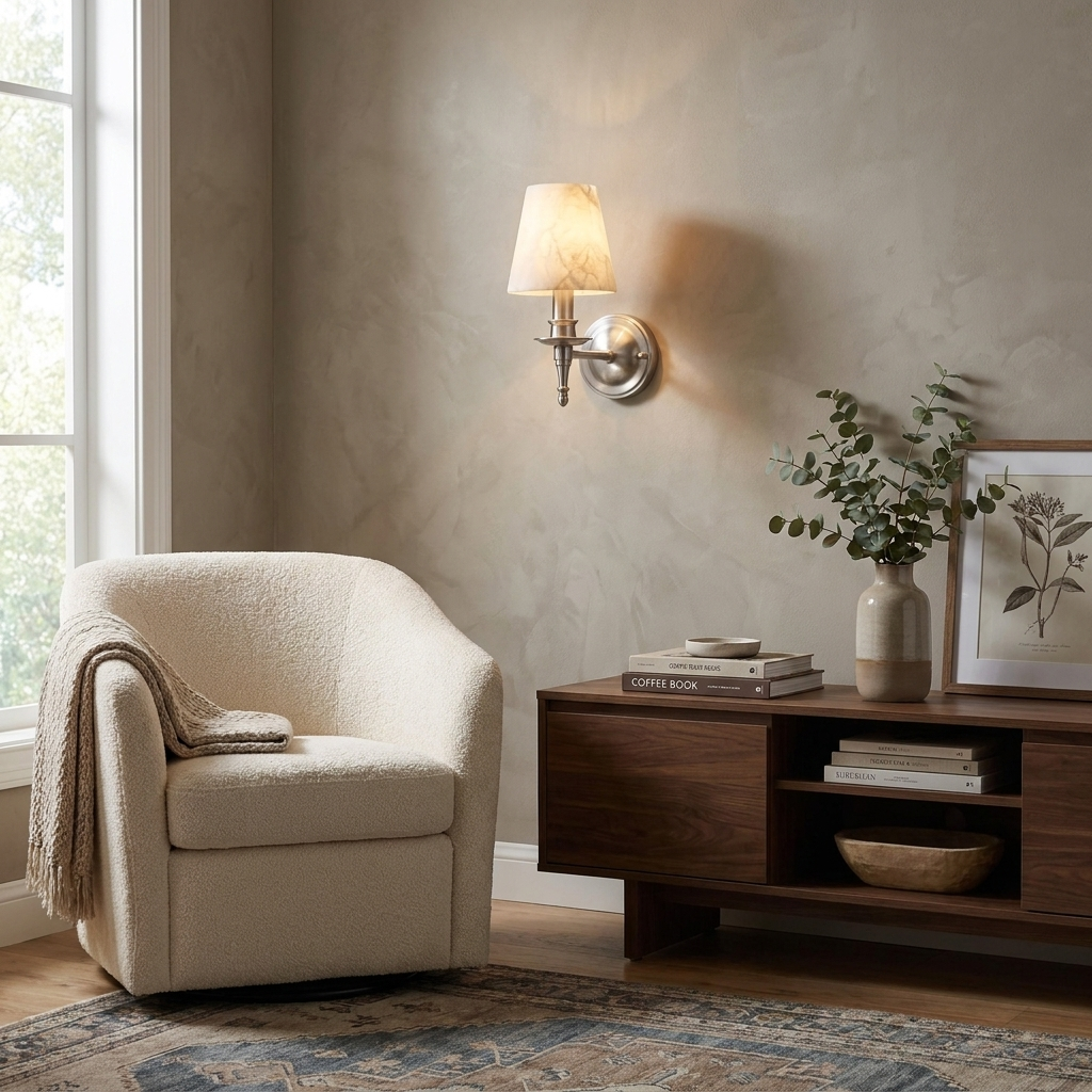 Beside a cream bouclé swivel chair, this brushed nickel Clérachic wall sconce glows above a console with a vase.