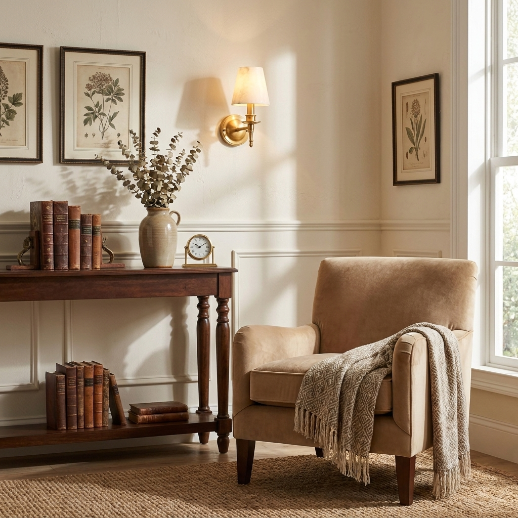 Framed botanical prints hang near this matte black Clérachic wall sconce, glowing above a console with a small clock.