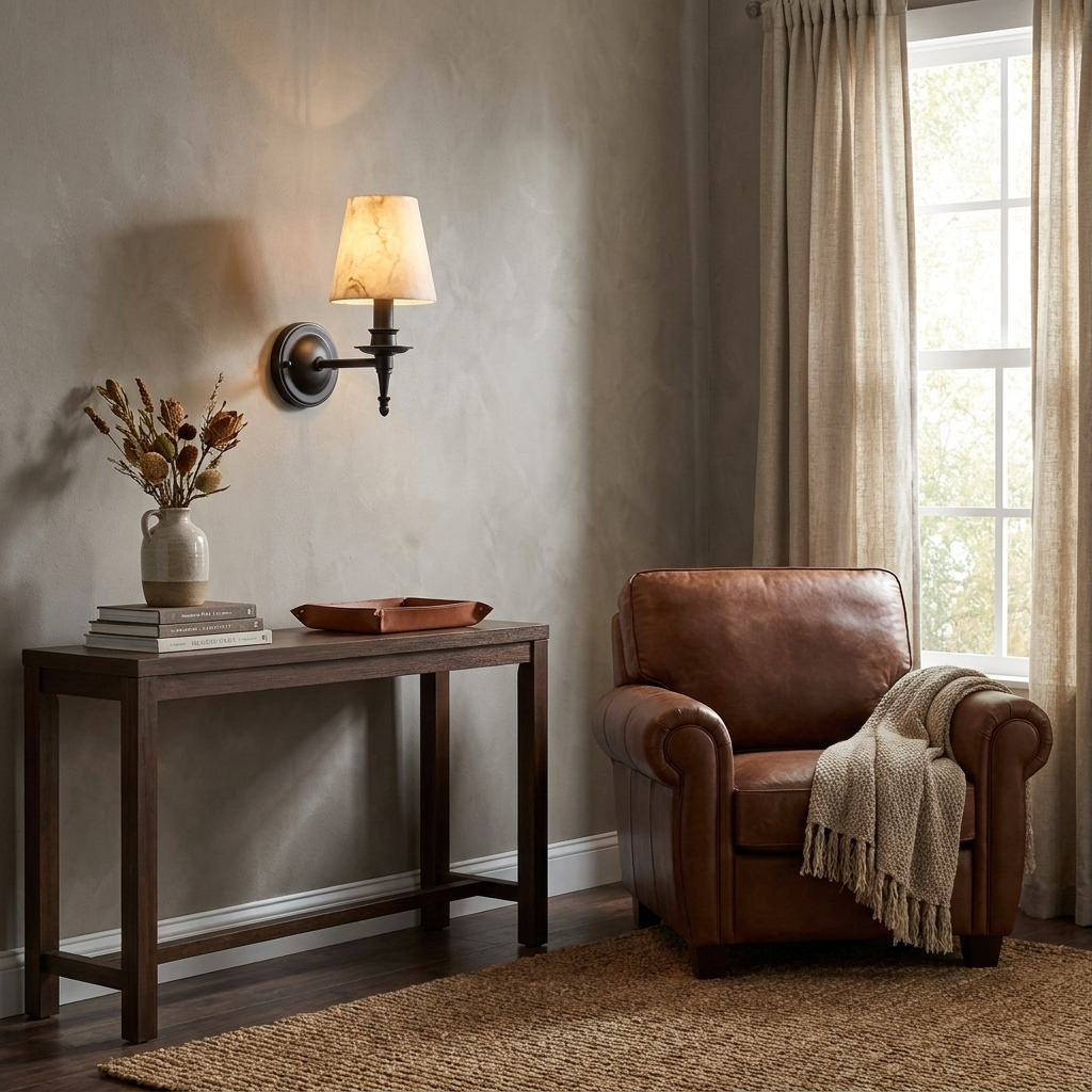 A leather armchair sits near this matte black Clérachic wall sconce, glowing above a wooden console styled with a vase.