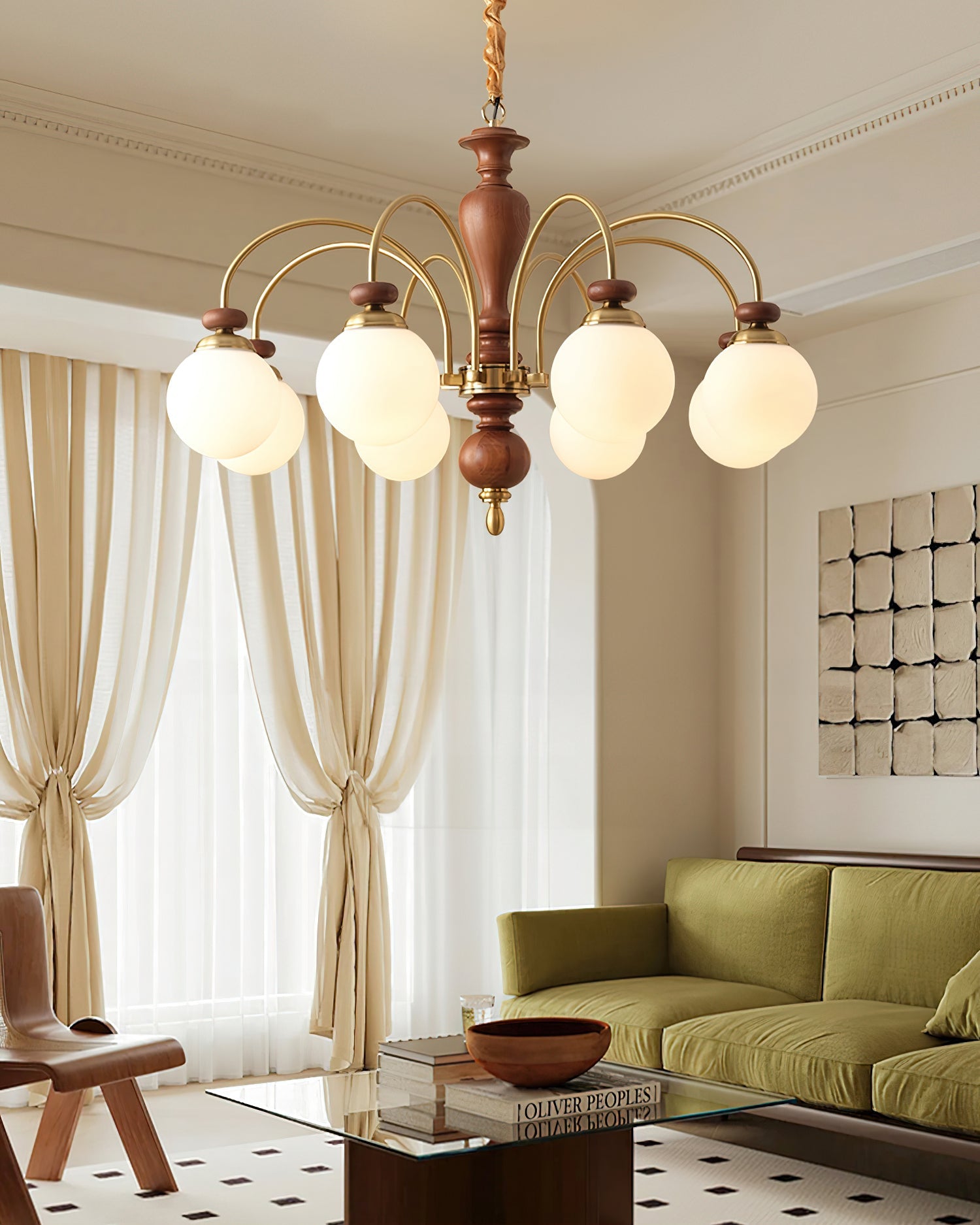 Classic chandelier with eight candle lights glowing