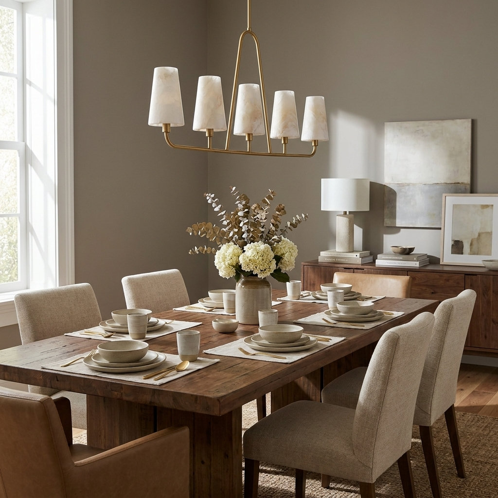 Above a wood dining table with beige upholstered chairs, this Clérachic chandelier in brushed brass lights a credenza and lamp.