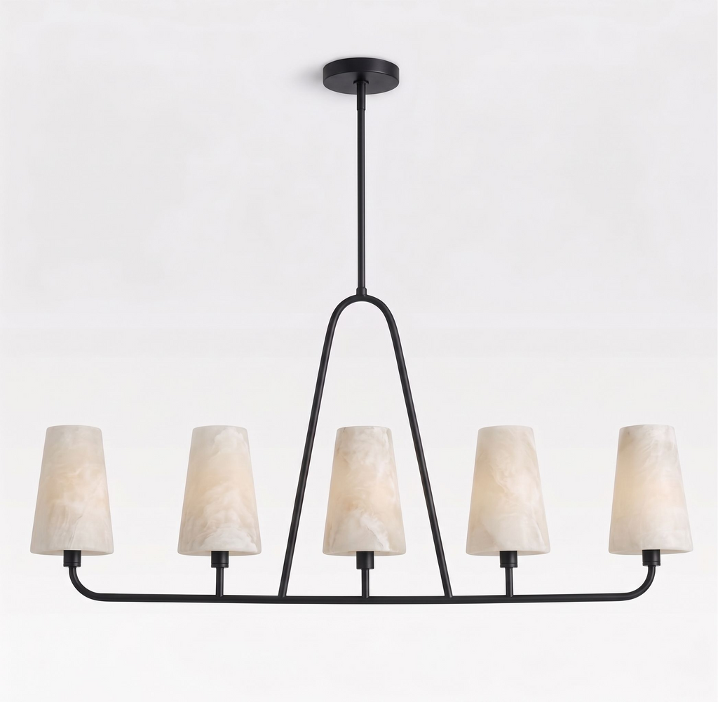 Front view on a plain white background, this Clérachic chandelier's matte black frame supports five alabaster cone shades.
