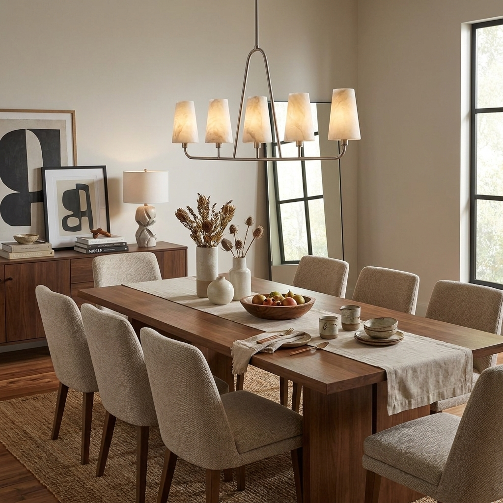 Above a wood table with patterned chairs, this Clérachic chandelier in brushed nickel lights a credenza and table lamp.