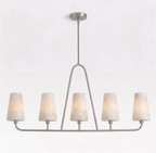 Studio shot against a bare backdrop, this Clérachic chandelier shows its brushed nickel triangular stem and five hanging shades.