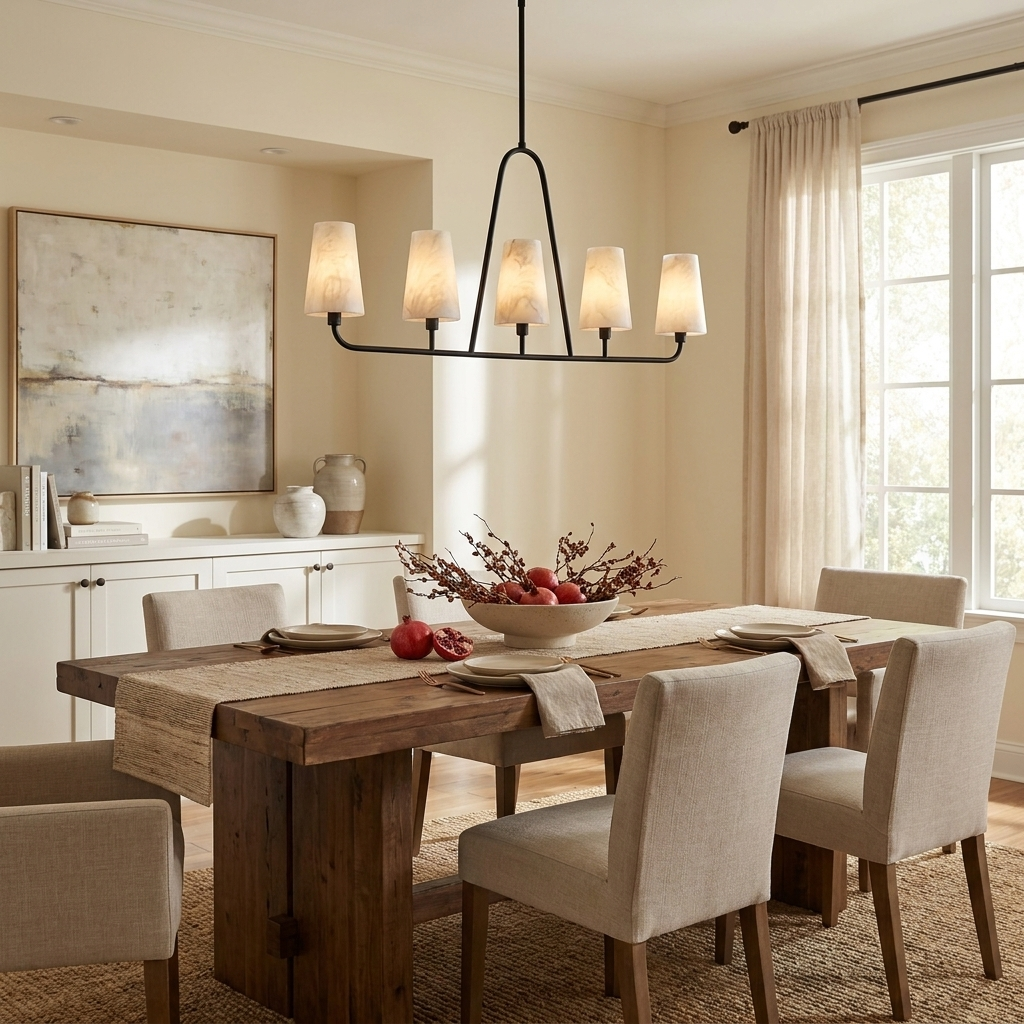 Above a table set with a bowl of red berries, this Clérachic chandelier in matte black lights cream fabric dining chairs.
