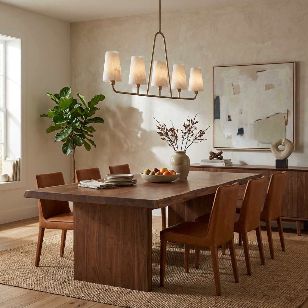 Near a window with a potted fig tree, this Clérachic chandelier in brushed brass hangs over a table with rust-orange chairs.