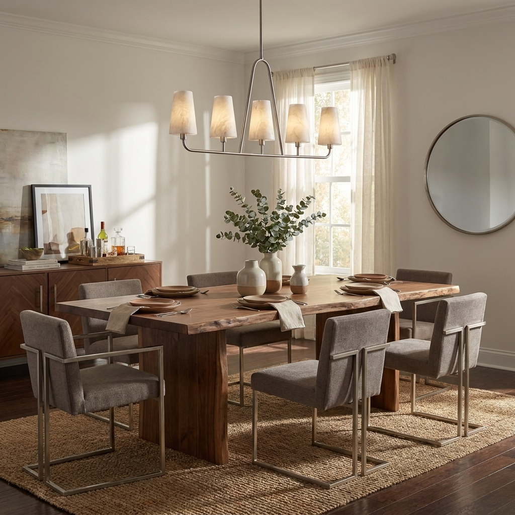 Near a round mirror and sheer curtains, this Clérachic chandelier in brushed nickel hangs over grey dining chairs.