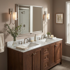 Two brushed nickel Clérachic sconces flank a bathroom mirror above a marble-top double vanity.