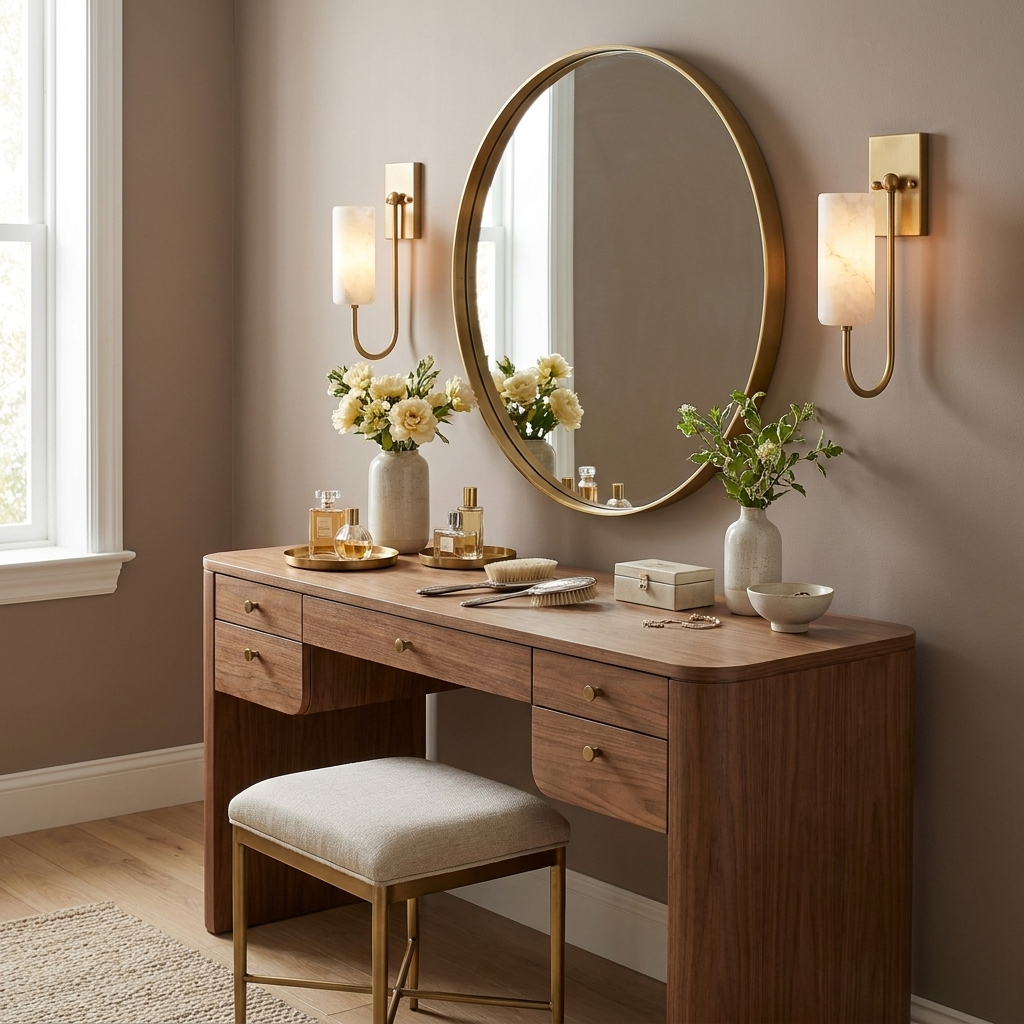 A brushed brass Clérachic wall sconce lit beside a round mirror above a wood vanity dressed with fresh flowers.