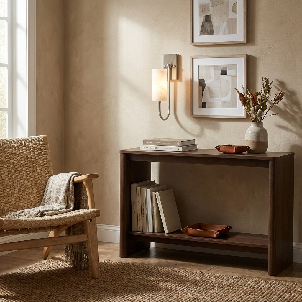 Framed art and a vase sit beneath a nickel Clérachic sconce lighting the wall above a console table.