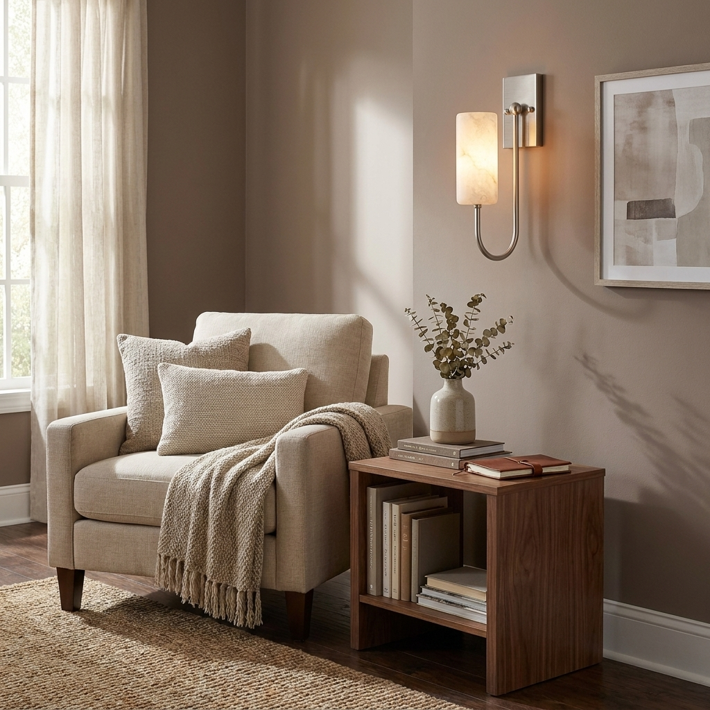 Beside a curtained window, a nickel Clérachic sconce glows above an armchair and a side table stacked with books.