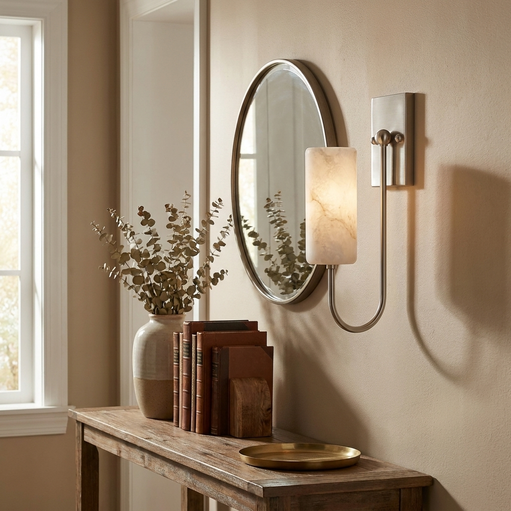 Beside an oval mirror, a nickel Clérachic sconce glows above a rustic console table with books and a vase.