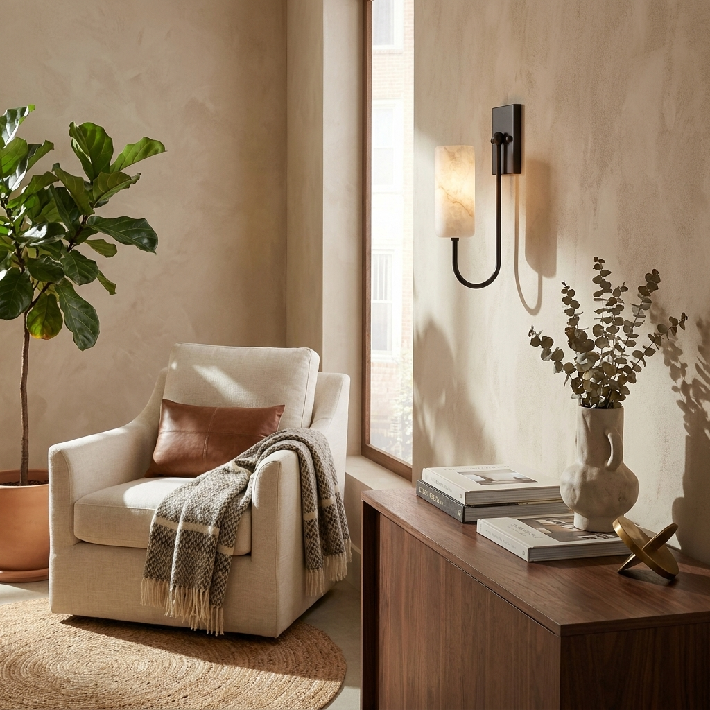 In a corner beside a leafy plant, a black Clérachic sconce lights the wall above a cream armchair with a throw.