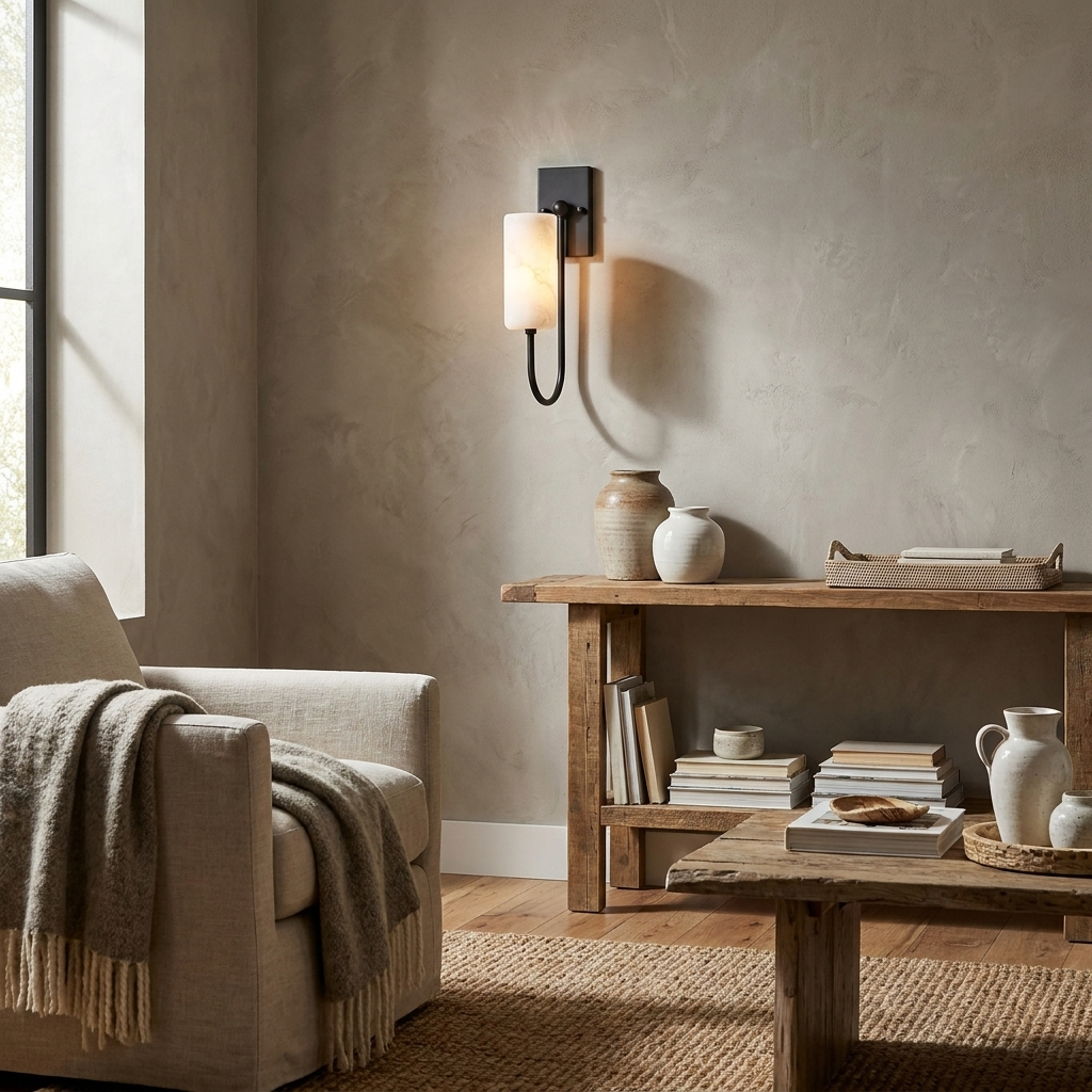 Above a reclaimed-wood console table, a black Clérachic sconce glows beside an armchair draped with a throw.
