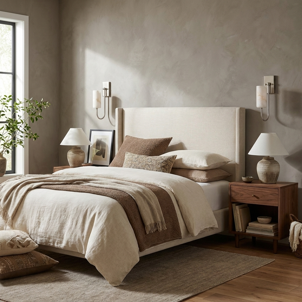 Two nickel Clérachic sconces flank an upholstered bed headboard, lighting nightstands topped with table lamps.