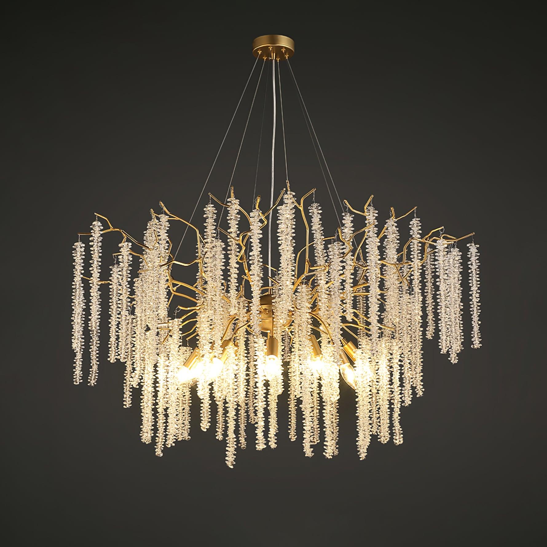 A fuller version on dark grey, the crystal strands massed thickly around the lit gold branches.