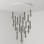 A large, dense arrangement of black-stemmed Clérachic pendants drops from a round canopy, lit in the corner of a grey room.