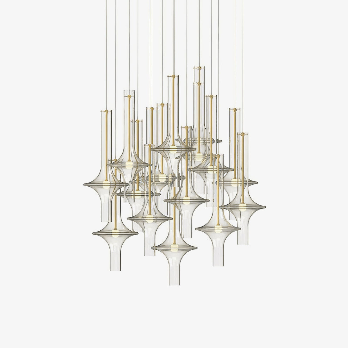 Many gold-stemmed pendants in clear and smoky glass hang together in this Clérachic cluster shot on a plain white backdrop.