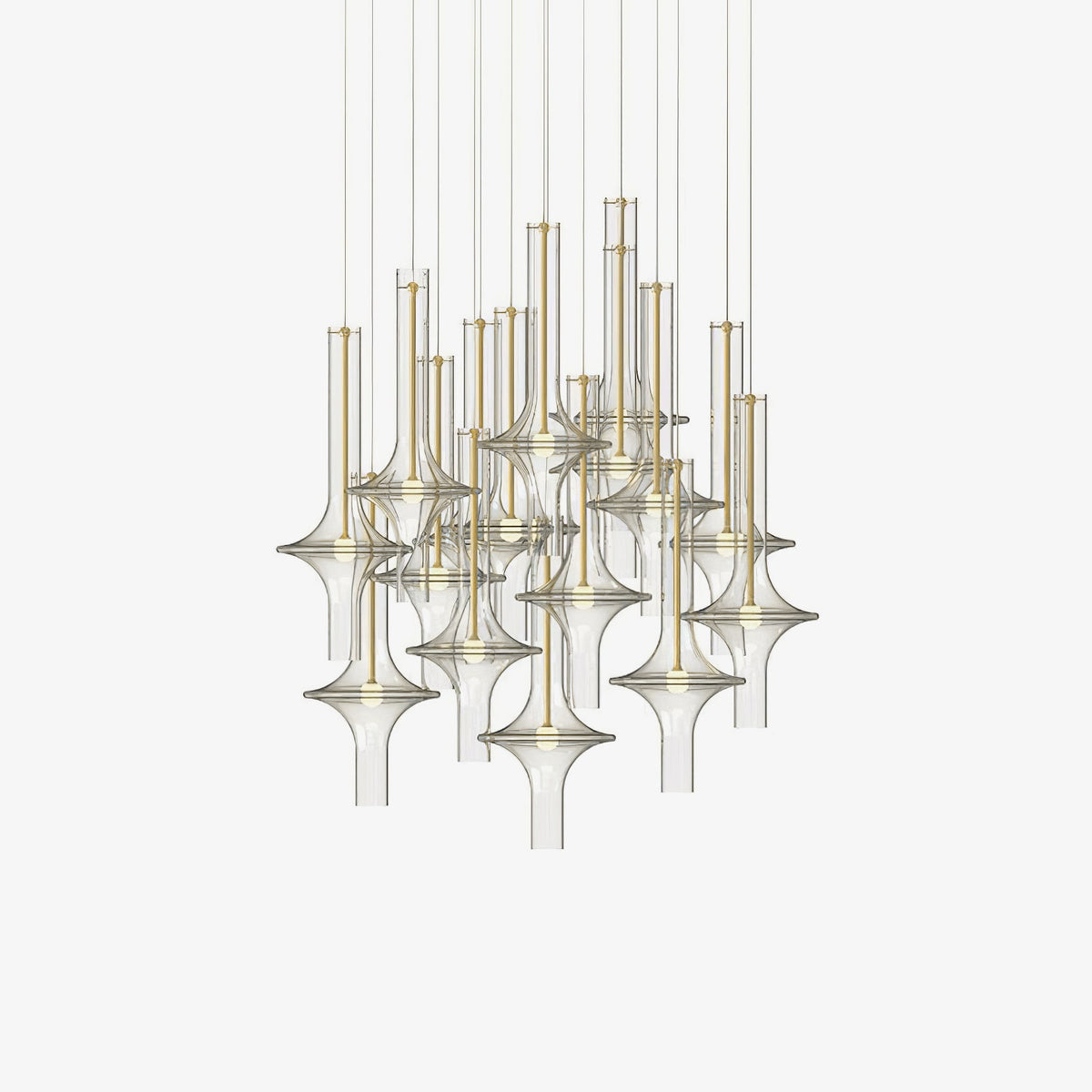 A dense cluster of gold-stemmed Clérachic pendants in clear glass is shown unlit against a plain cream backdrop.