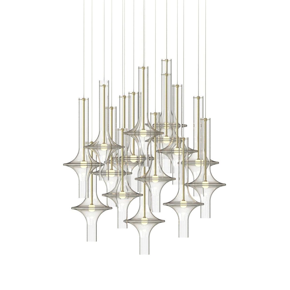 A cluster of gold-stemmed Clérachic pendants in clear glass is shown unlit against a plain white backdrop.