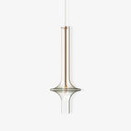 This Clérachic pendant is shown on white with a copper-toned stem and clear glass, its form mirrored in a soft reflection below.