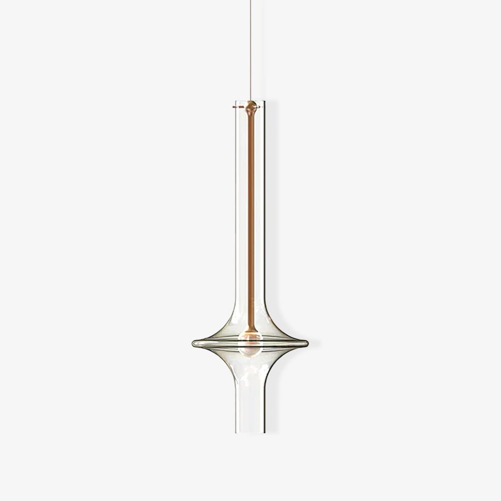 This Clérachic pendant is shown on white with a copper-toned stem and clear glass, its form mirrored in a soft reflection below.