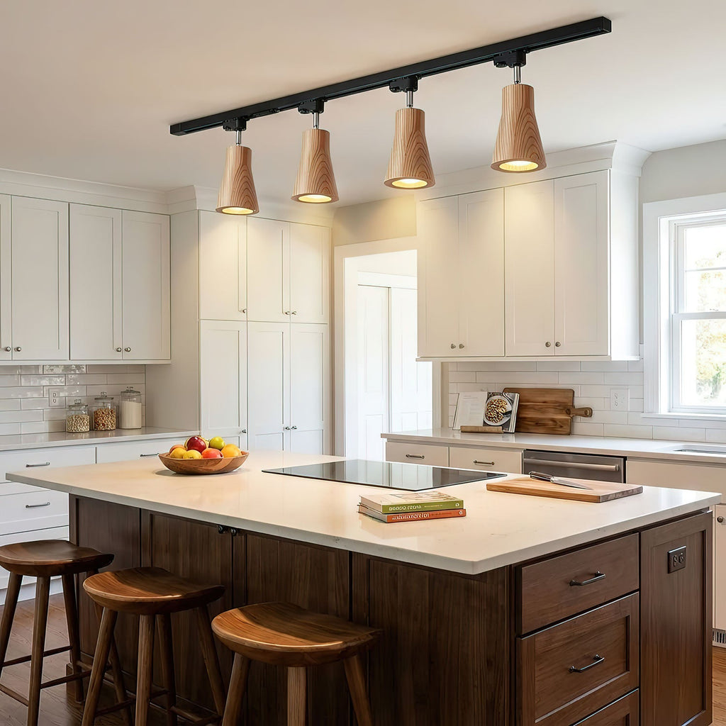Wood track ceiling lamp with adjustable heads on a ceiling track