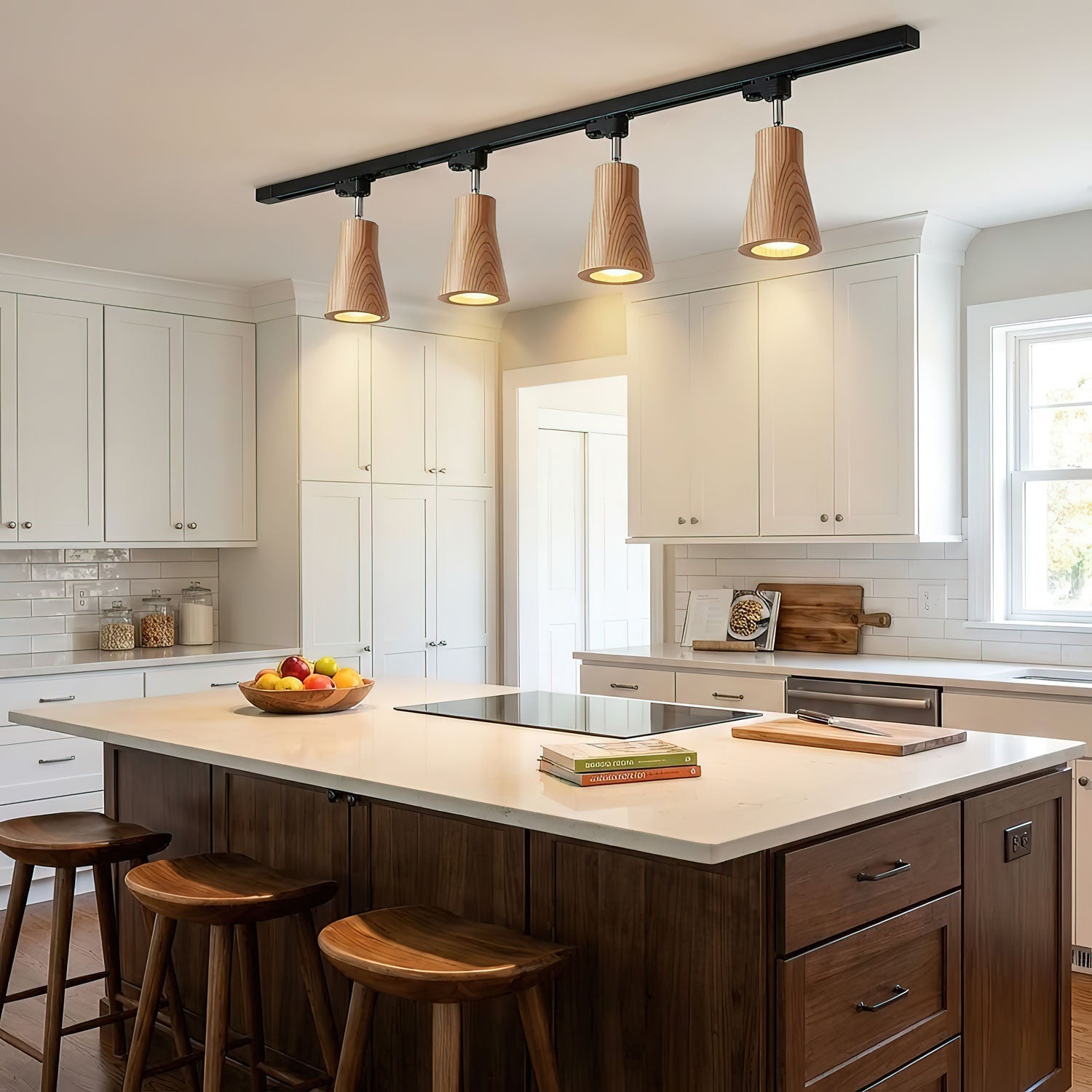 Wood track ceiling lamp with adjustable heads on a ceiling track