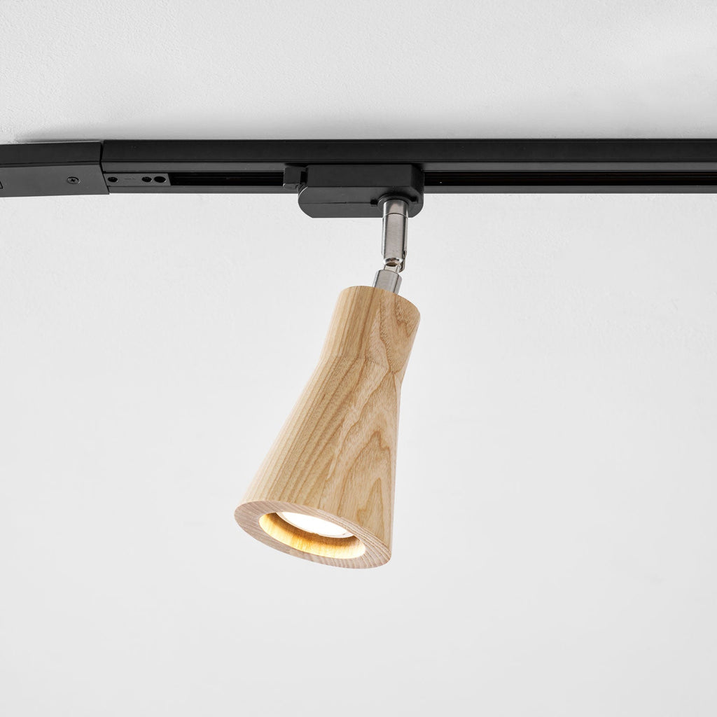 Wood track ceiling lamp lighting a feature wall