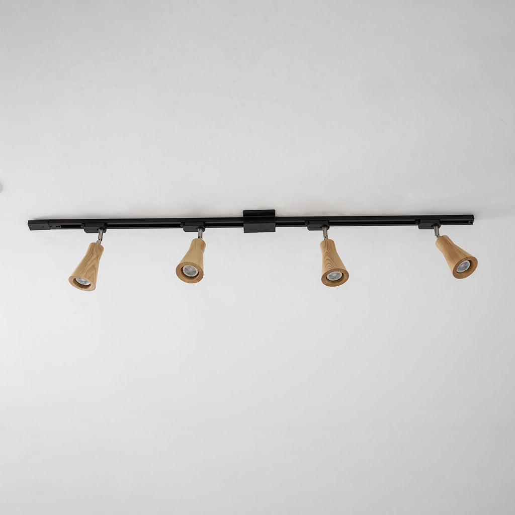 Wood track ceiling lamp with adjustable heads over a living area
