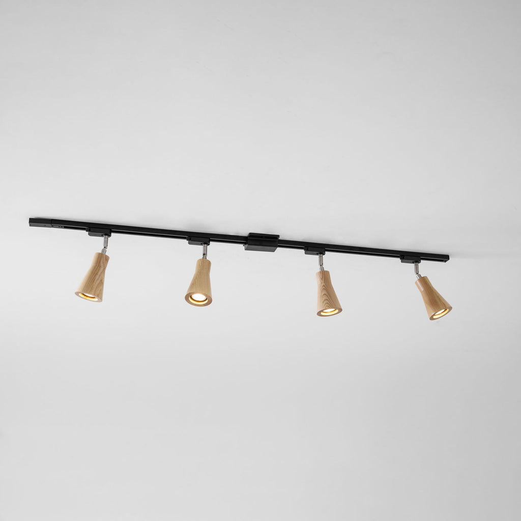 Wood track ceiling lamp shown installed across a ceiling