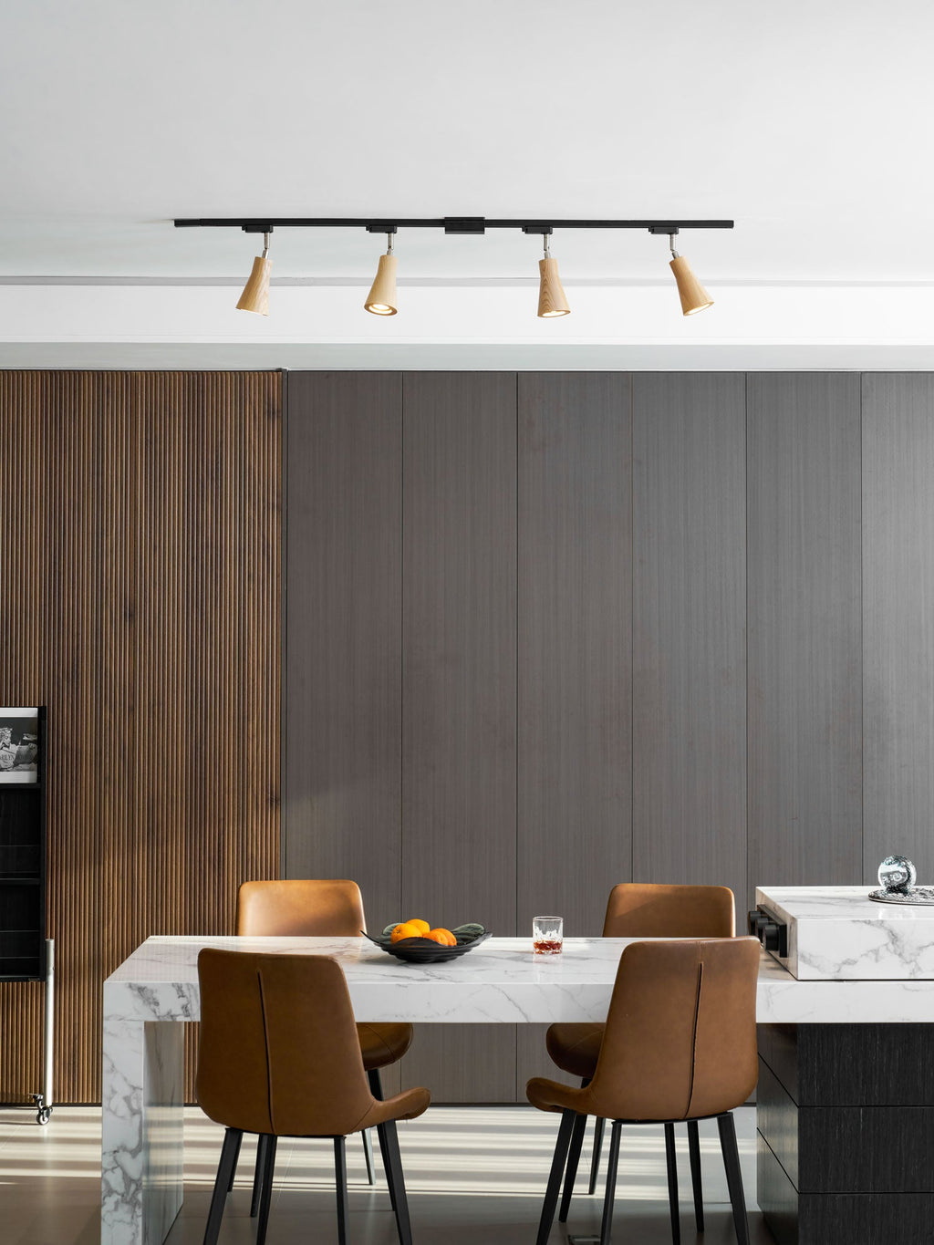 Wood track ceiling lamp shown with its wood canopy detail