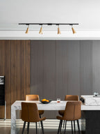 Wood track ceiling lamp shown with its wood canopy detail