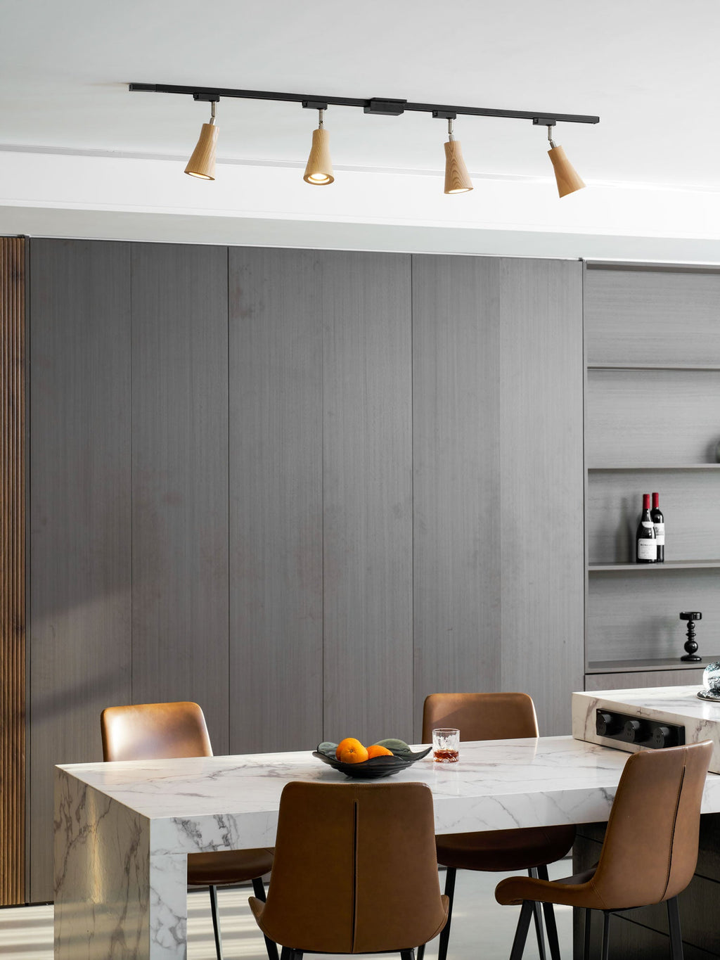 Wood track ceiling lamp shown mounted on a wall as a wall lamp