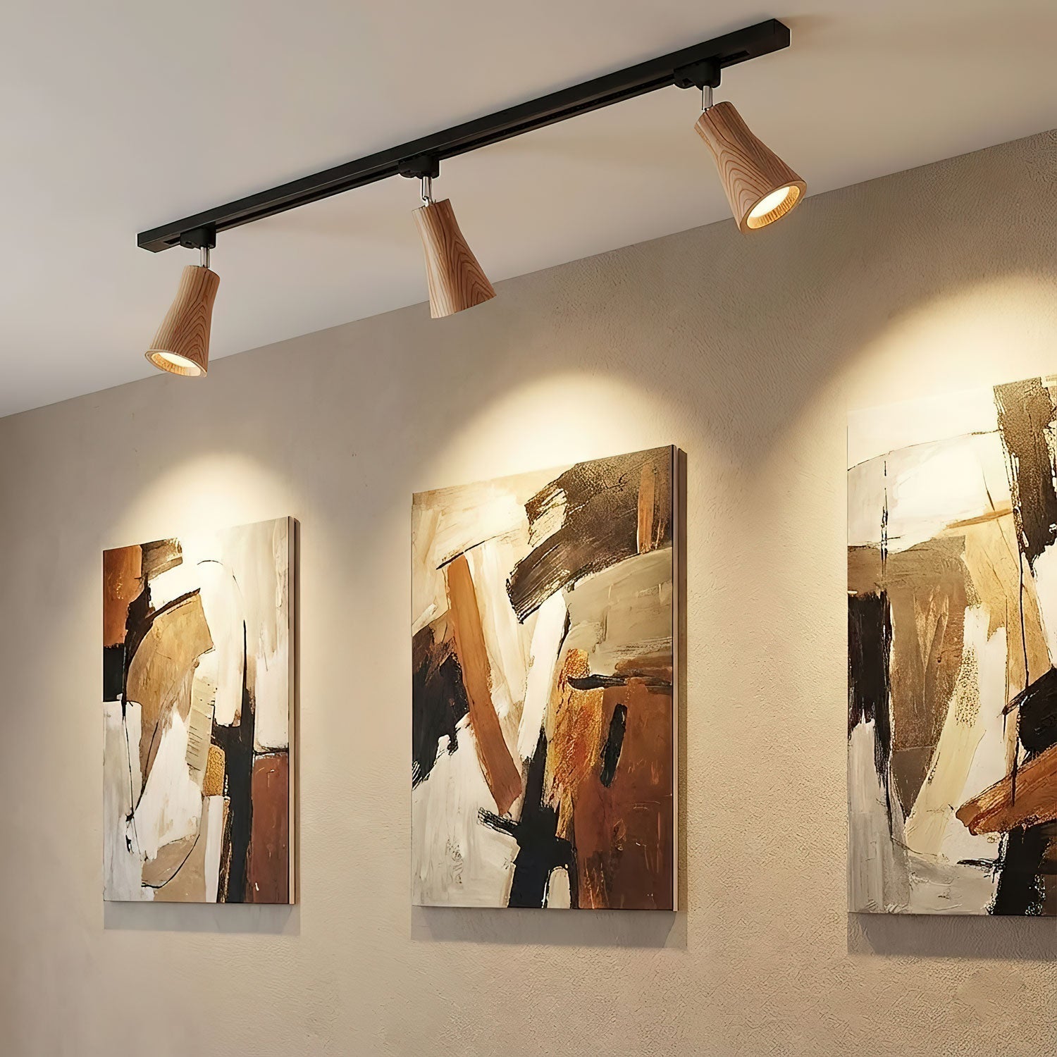 Wood track ceiling lamp with directional spotlights over a hallway
