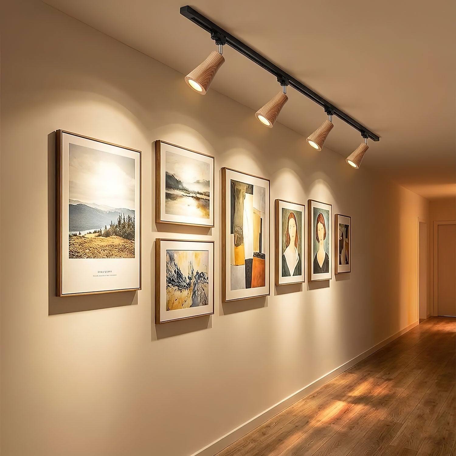 Wood track ceiling lamp lighting a wall-mounted display