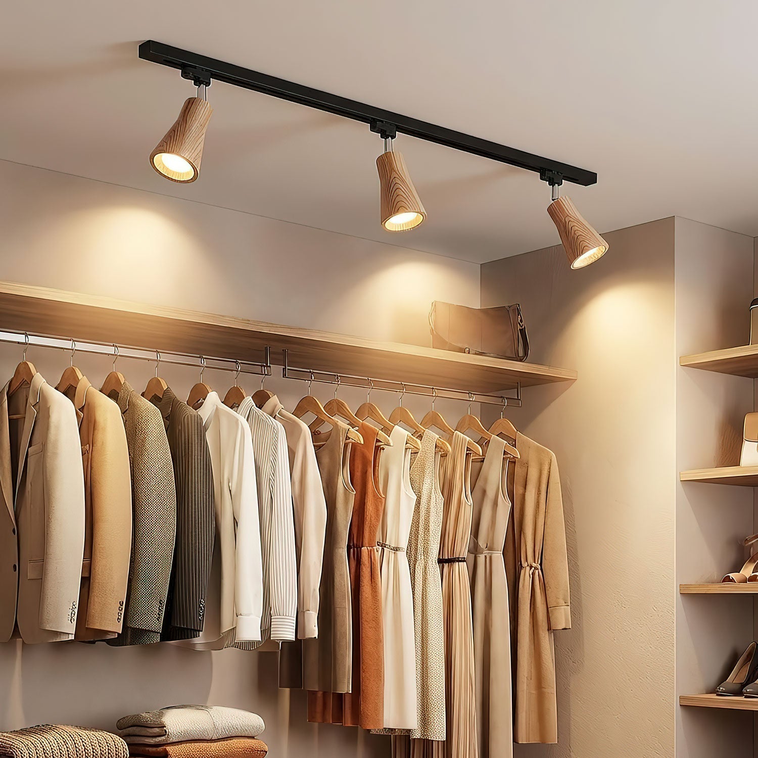 Wood track ceiling lamp with adjustable heads in a styled interior