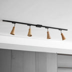 Wood track ceiling lamp with spotlights angled toward shelving