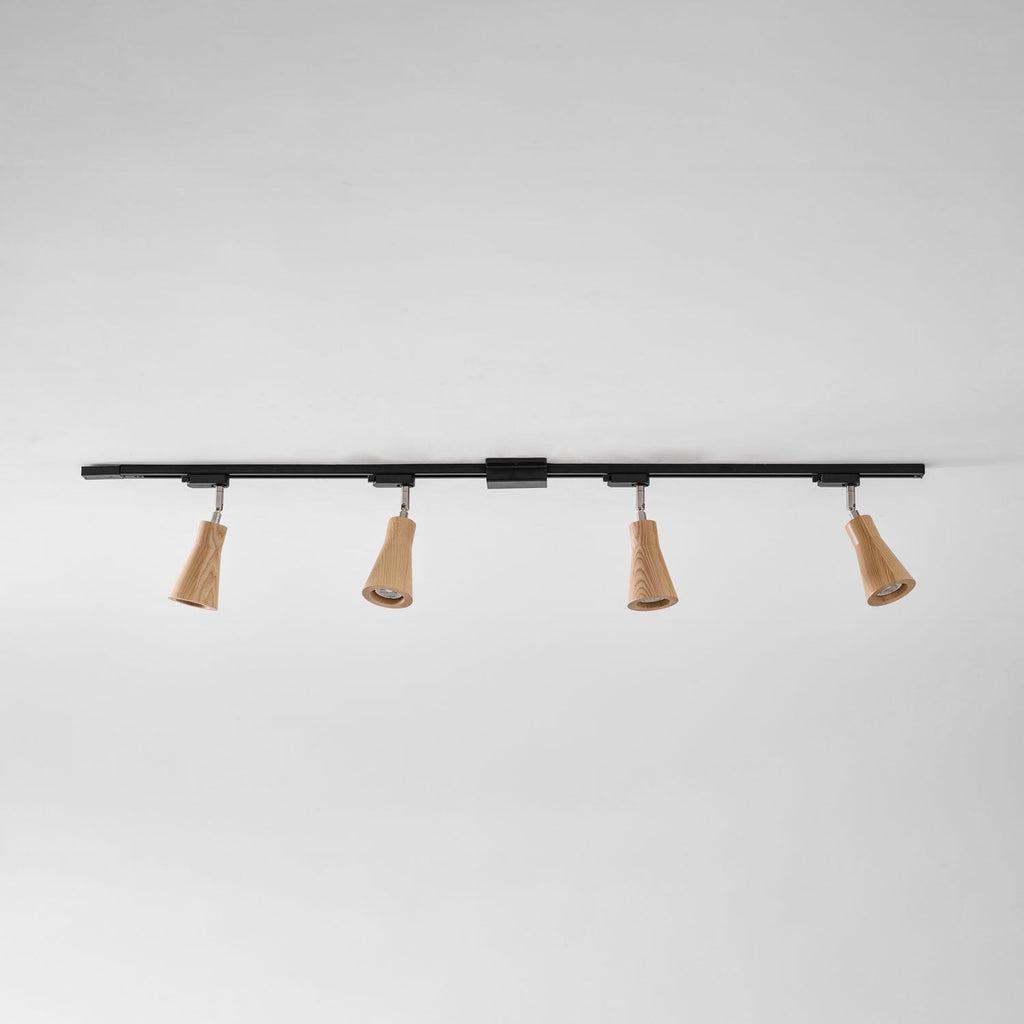 Wood track ceiling lamp shown with three angled spotlight heads