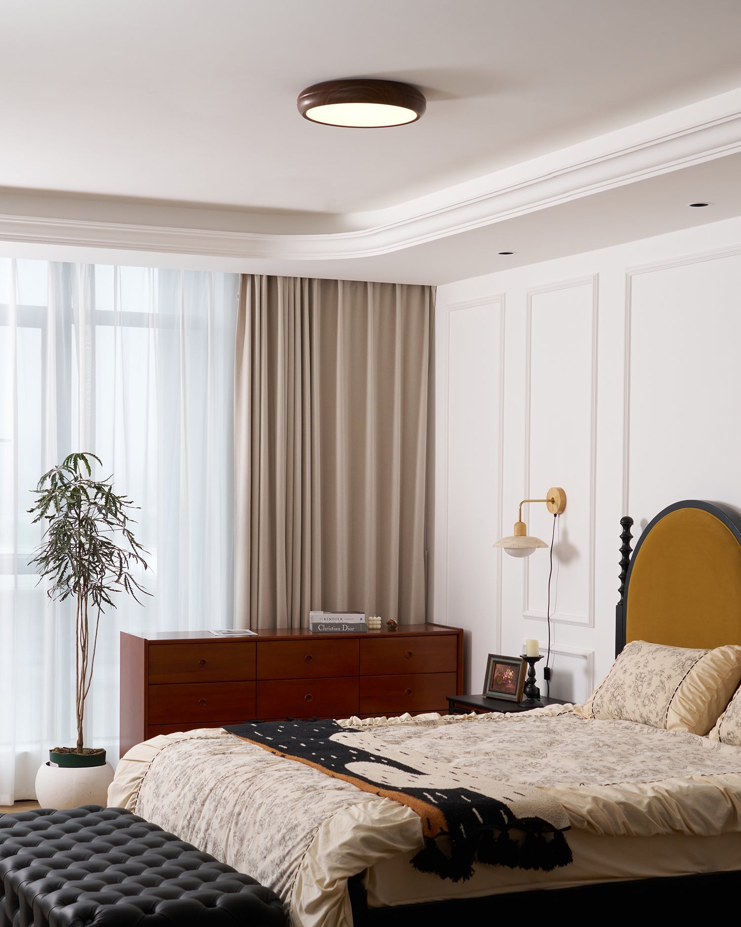 Flush Mount Ceiling Light, Walnut Wood Grain and White, Dimmable LED