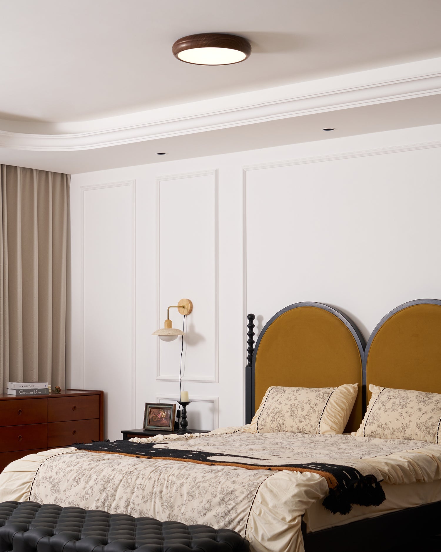 Flush Mount Ceiling Light, Walnut Wood Grain and White, Dimmable LED