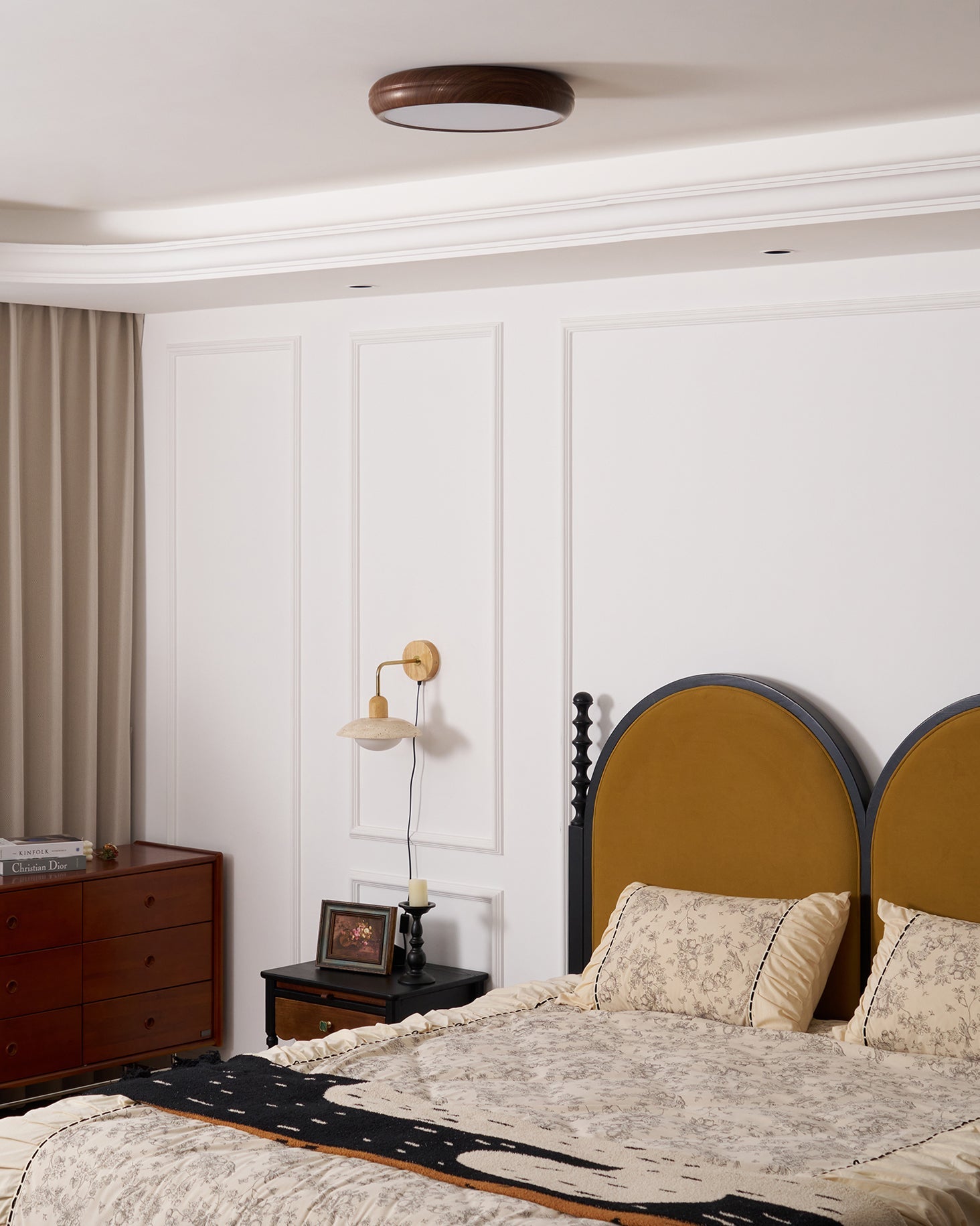 Flush Mount Ceiling Light, Walnut Wood Grain and White, Dimmable LED
