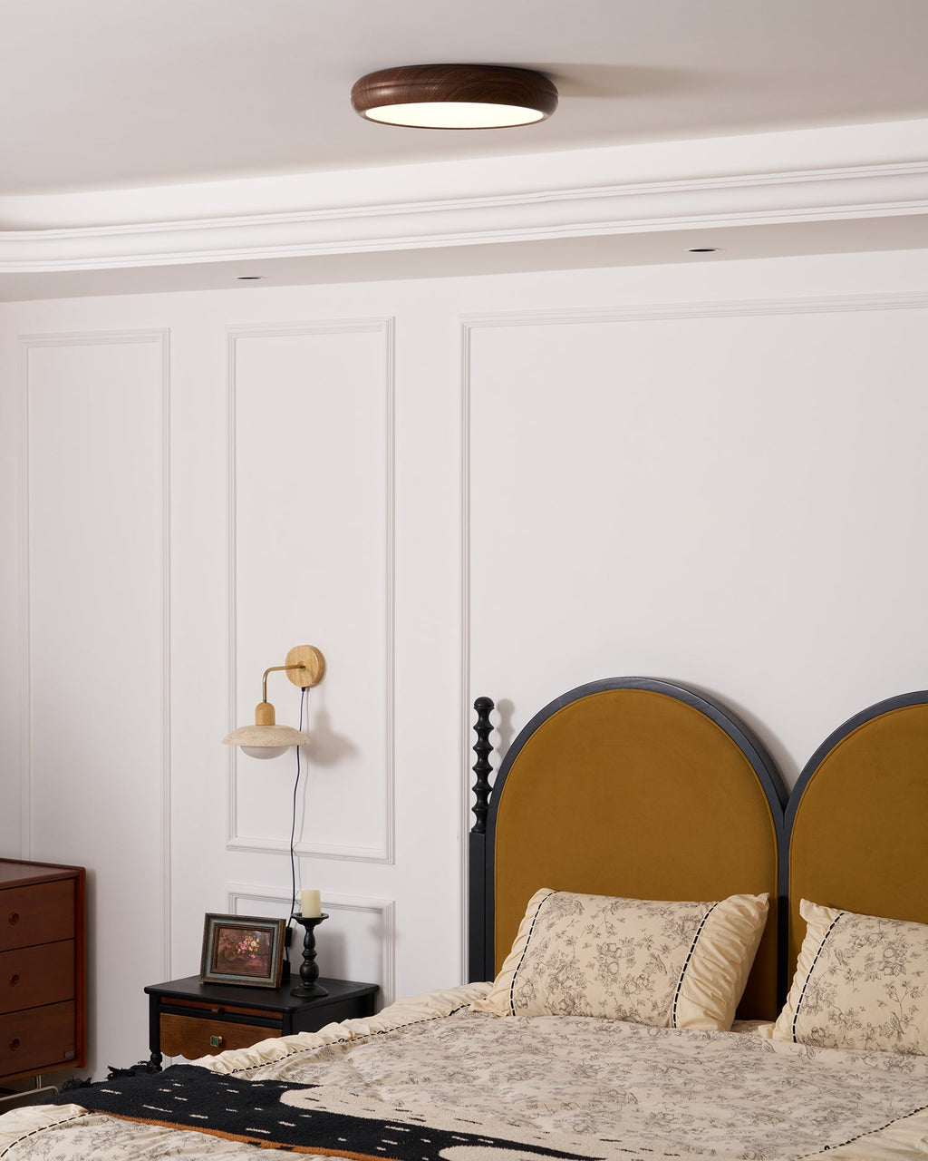 Flush Mount Ceiling Light, Walnut Wood Grain and White, Dimmable LED