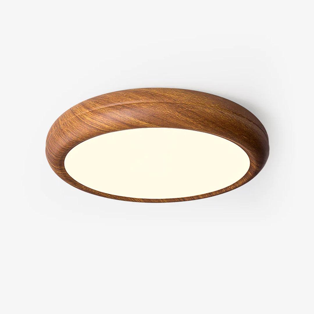 Round walnut ceiling light shown against a plain ceiling
