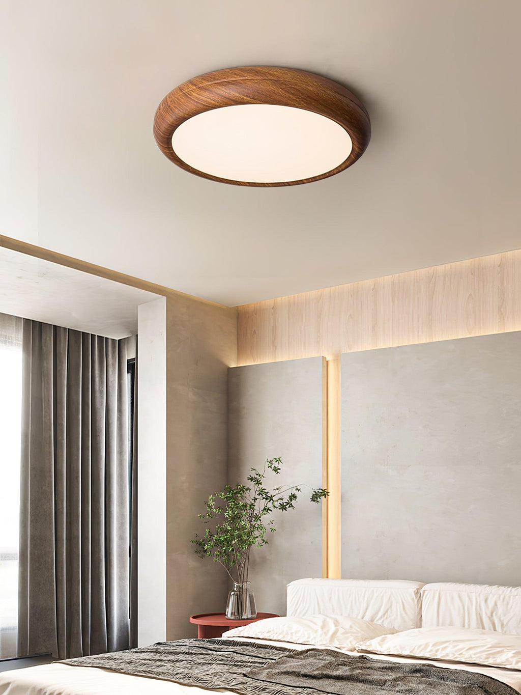 Wood grain flush mount ceiling light shown from below