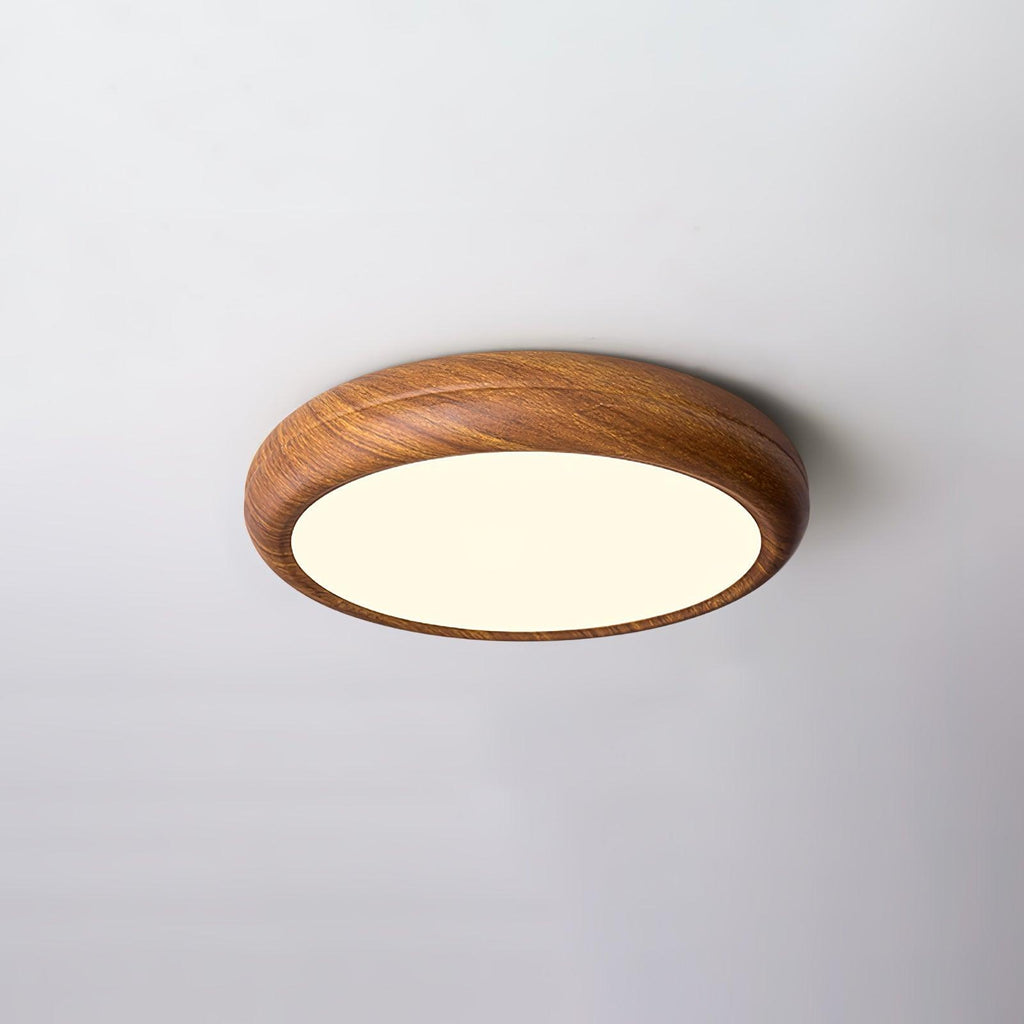 Walnut wood grain round ceiling light with white diffuser