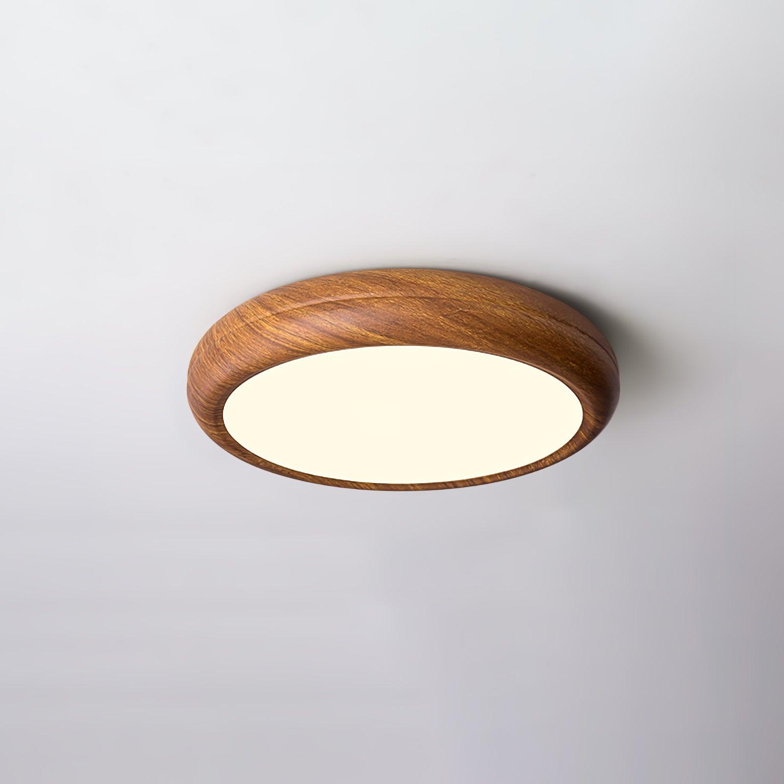 Walnut wood grain round ceiling light with white diffuser